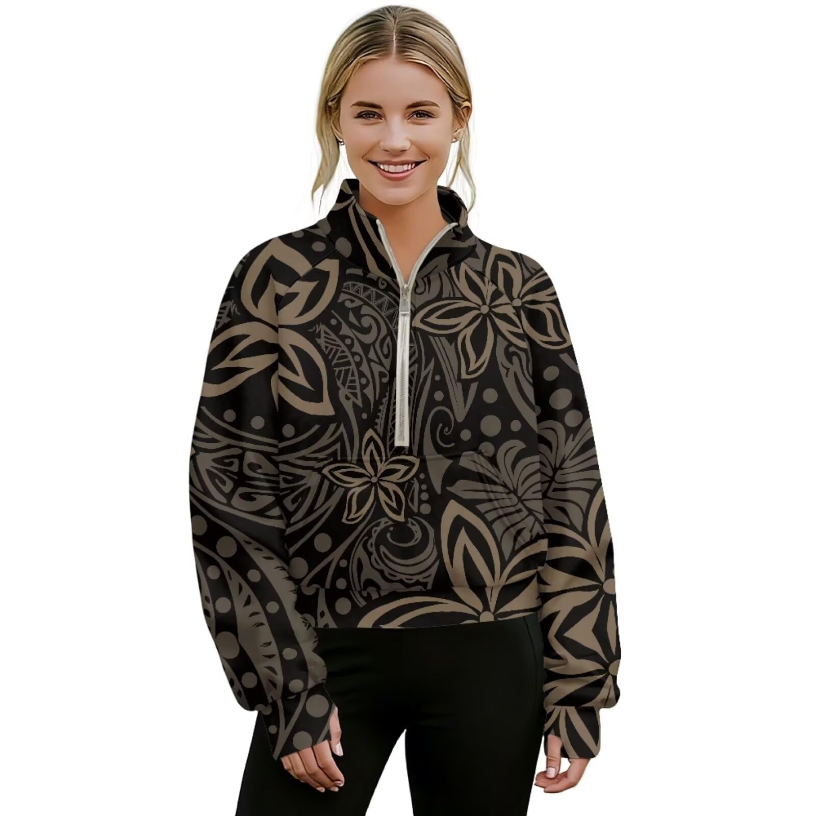 Poceacles Sudadera corta para mujer con 1/2 cremallera, agujero para el pulgar, cuello alto falso, sudadera con capucha suave para uso casual al aire libre