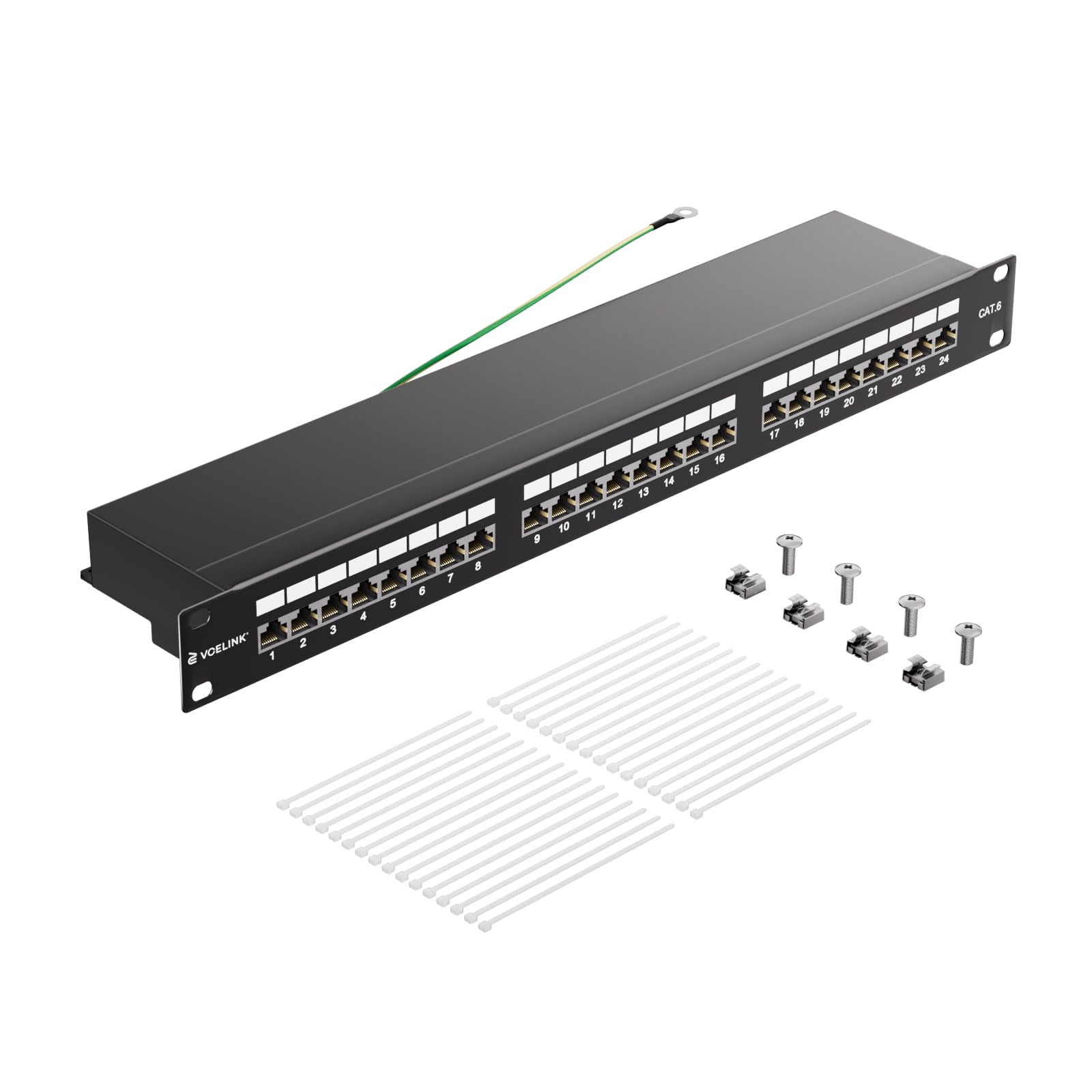 VCELINK Pannello Patch CAT6 24 Porte Schermato Rack 19" 1U RJ45, 250MHz | Banda passante 250MHz conforme standard EIA/TIA 568A&B, trasmissione 1G stabile senza interferenze