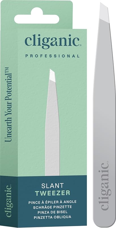 Pinça para sobrancelhas Cliganic com ponta diagonal, aço inoxidável, Silver