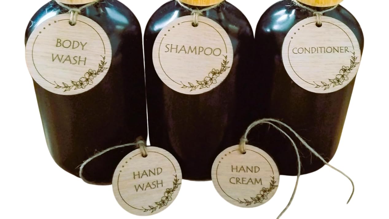 Garland Design Bathroom Labels/Tags Set of 5 Pcs- Tie On - for Hand Wash, Body Wash, Hand Cream, Shampoo & Conditioner Bottles - Wooden Engraved