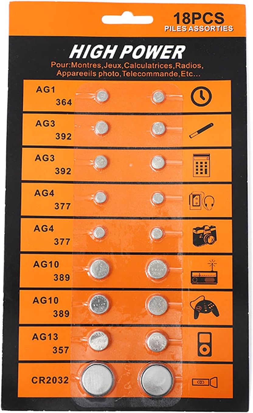 Cell Batteries, 18Pcs AG1 364 AG3 392 AG4 377 AG10 389 AG13 357 Button Cell Batteries Coin Battery Kits Suitable for Watch Clock