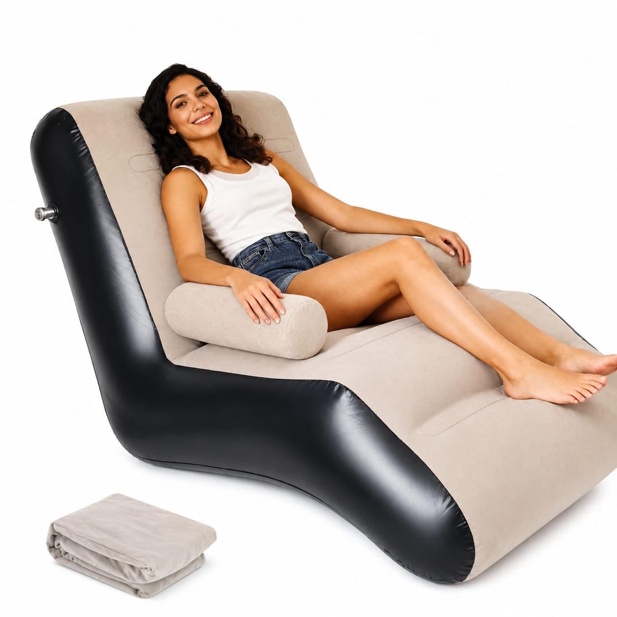Hexon Inflatable Sofa Chair, PVC Flocking Lazy Recliner Air Sofa, Foldable 2-in-1 Lounge Bed with Armrests and Air Pump, Portable Indoor Outdoor Chair for Home Camping, Brown-image-4