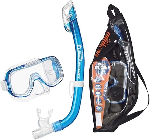 Miniatura 8 de TUSA Sport Conjunto combinado de máscara Mini-Kleio y esnórquel seco para jóvenes Negro/Azul Fishtail,Transparente Rosado,Negro/Amarillo Flash,Azul