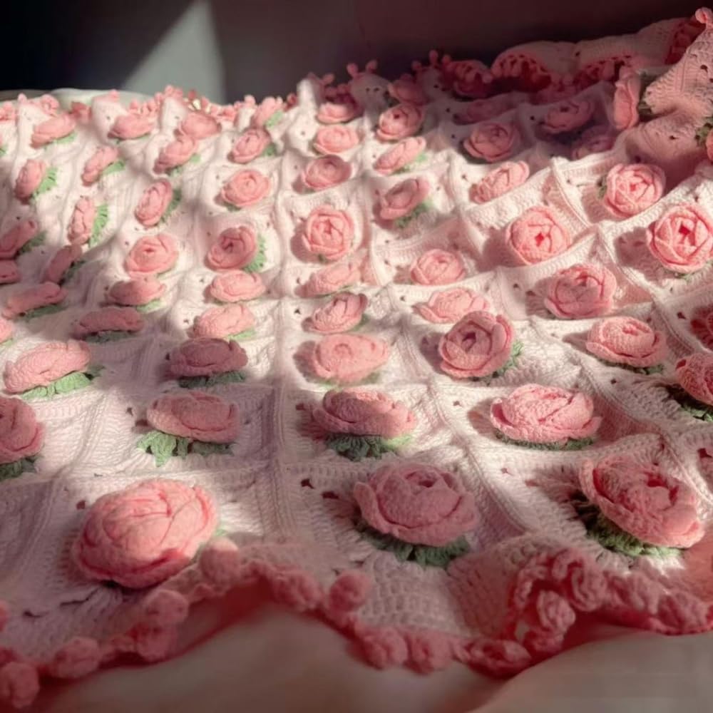 Häkeldecken-Set Häkelset Anfänger für Decke Granny Squares Häkeldecke Kit Couch Blankets Rose Floral Crochet Blanket Häkeldeckensets für Erwachsene Häkelblumenstrauß Rosa 110x110cm