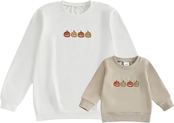 Mommy and Me Halloween Matching Outfits Pumpkin Long Sleeve Crewneck Sweatshirt Mother Baby Matching Fall Clothes