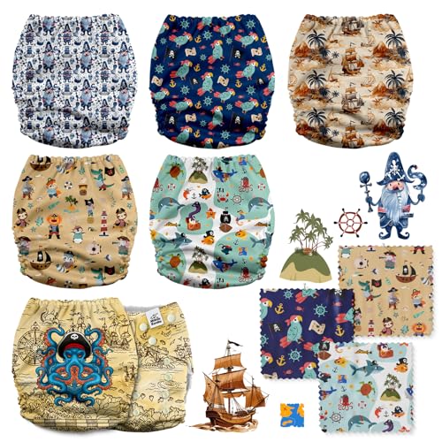 Image of Mama Koala 3.0 Cloth Diapers for Babies, 6 Pack One Size Washable and Reusable Pocket Diapers for Newborns and Toddlers (Pirates are Coming)