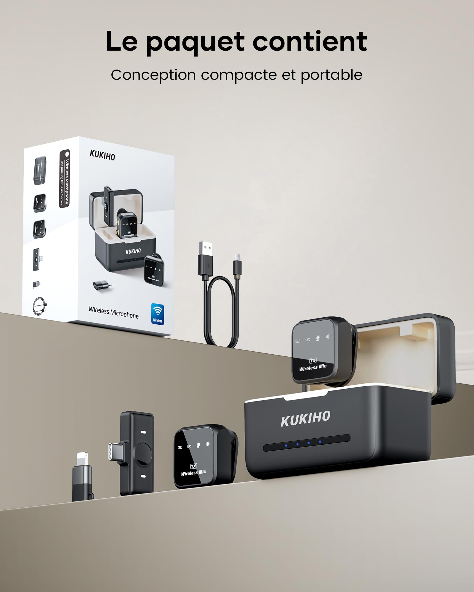 KUKIHO Microfono inalambrico Mini de Solapa para iPhone y Android，Microfono de Clip para Video/Vlogs/Youtube/TikTok Podcasts Estuche de Carga, 80h de autonomía, 50m Alcance.
