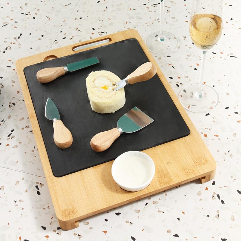 Plateau à Fromage, Plateau à Fromage en Bambou, Ensemble de Quatre pièces de Planches à Fromage en Bois avec Craie et Couteaux,Natural