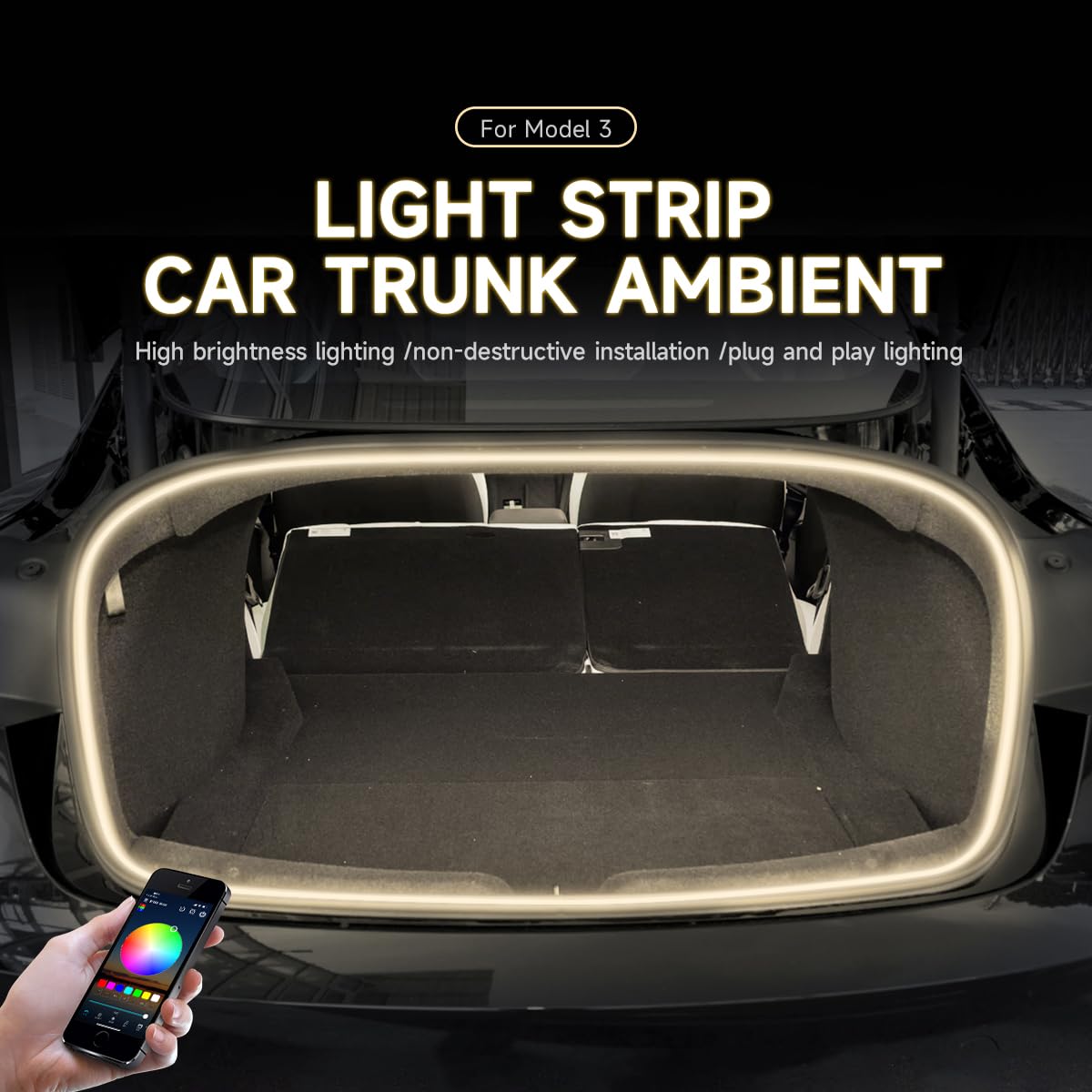 Trunk LED Light Strip for Tesla Model 3 Highland 23-25 Rear Trunk Cargo Light Interior Decoration Lights for Tesla Model 3 Refresh Easy Installation Tesla Trunk Accessories Ambient Lights (RGB)