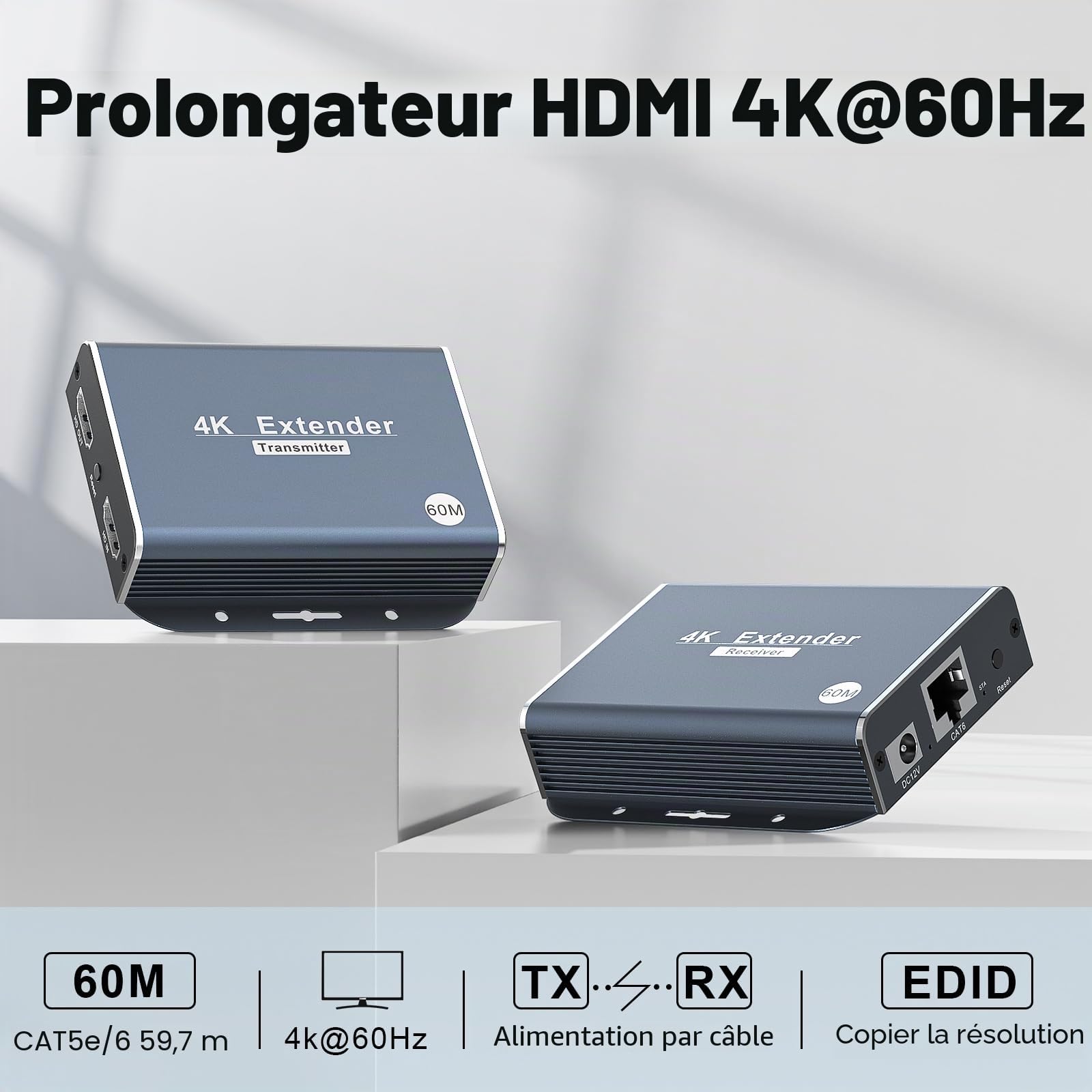 4K HDMI Extender Over Ethernet Extendeur sur CAT5e/CAT6/CAT7, 4K@60Hz Up to 196ft(60m), EDID and POC Fonction Support