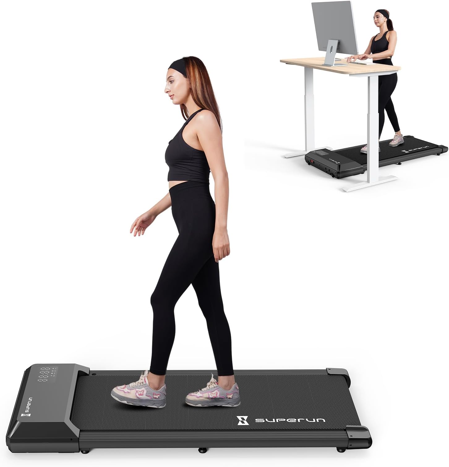 SupeRun Walking Pad, 2 in 1 Under Desk Treadmill, Low Noise Compact Walking Pad with Remote Control, 2.5 HP Portable Treadmill Desk Workstation with 300lbs Capacity, LED Display