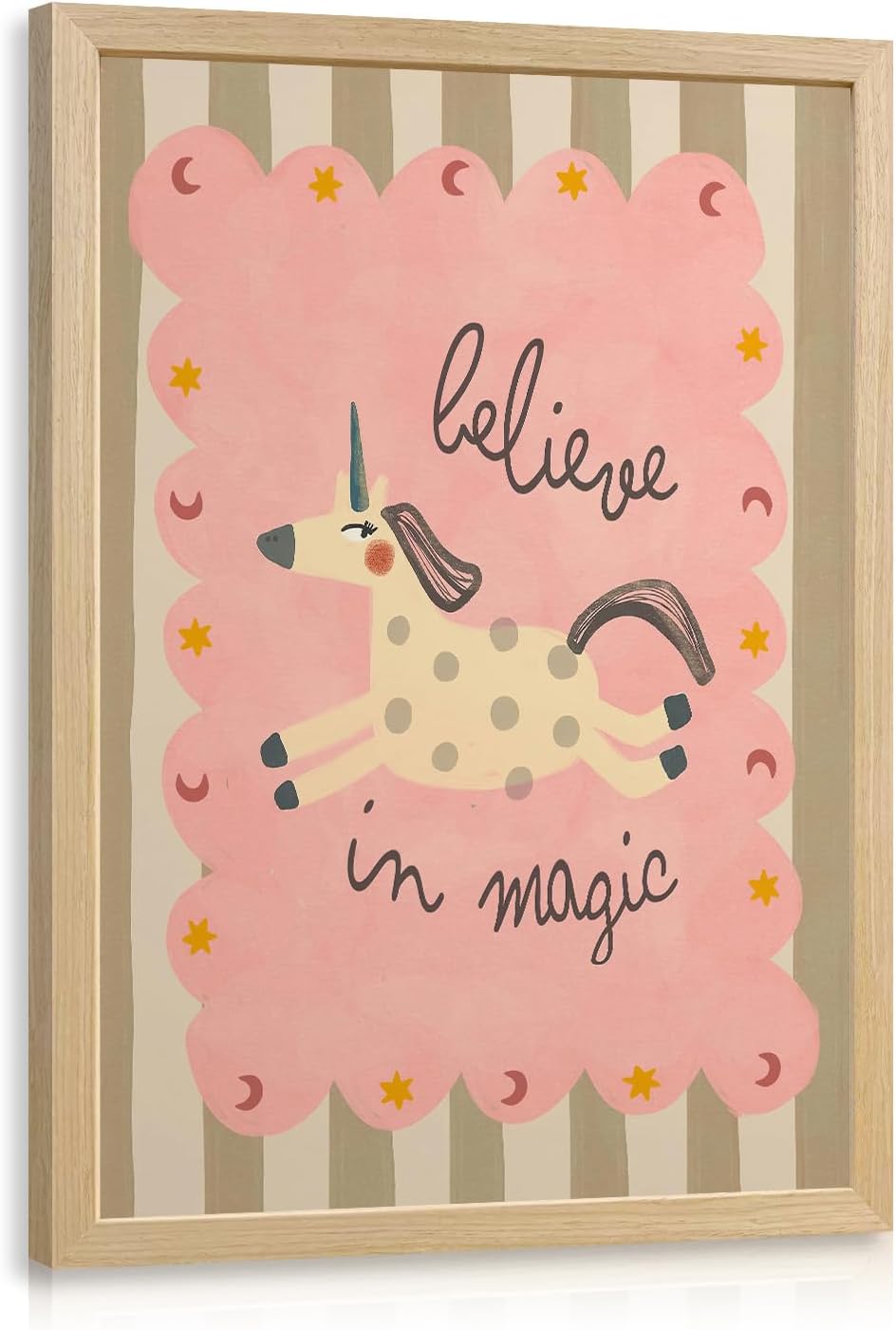 LERVR Wood Framed Unicorn Nursery Wall Art, Cute Pink Kids Room Decor, Believe in Magic Unicorn Canvas Print, Whimsical Animal Baby Girl Nursery Artwork for Bedroom Playroom 12x16 Inch