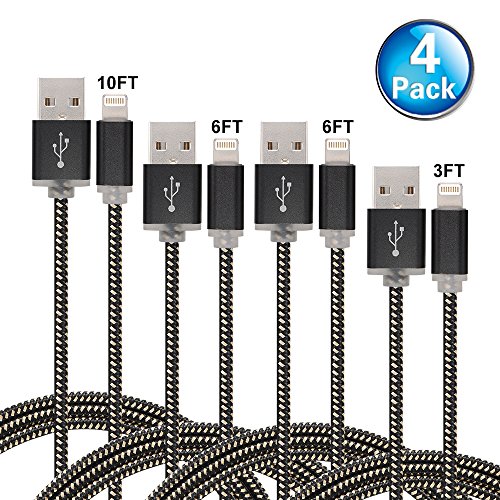 Cabbrix 3FT 6FT 6FT 10FT Lightning Nylon Braided USB Charging Cable for iPhone iPad iPod (4 Pack)