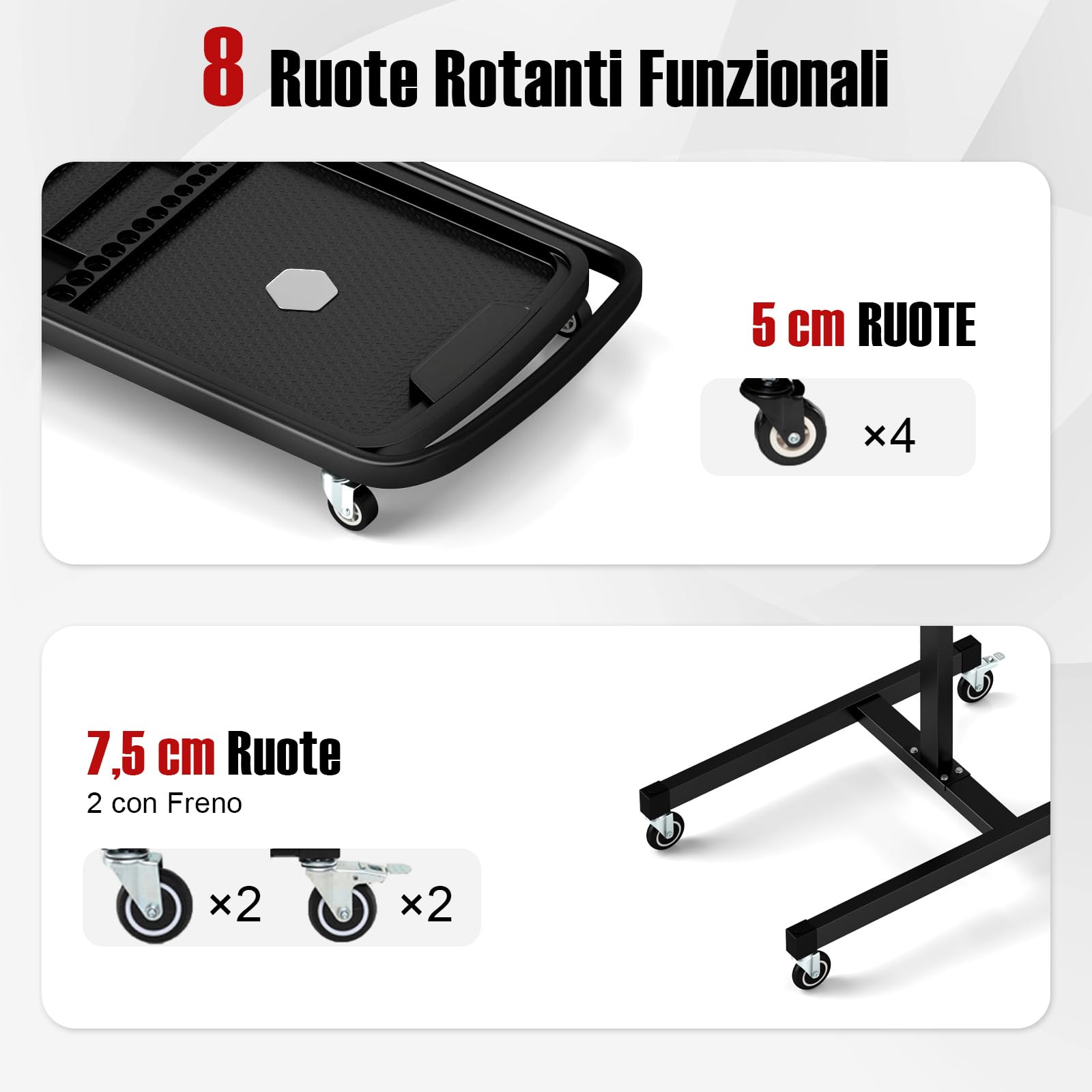 COSTWAY Vassoio Organizer per Attrezzi 2-in-1 con 4 Ruote, Carrello Porta Attrezzi Regolabile in Altezza con Vassoio, Carrello per Attrezzi da Meccanico Portatile per Garage e Officina, Nero