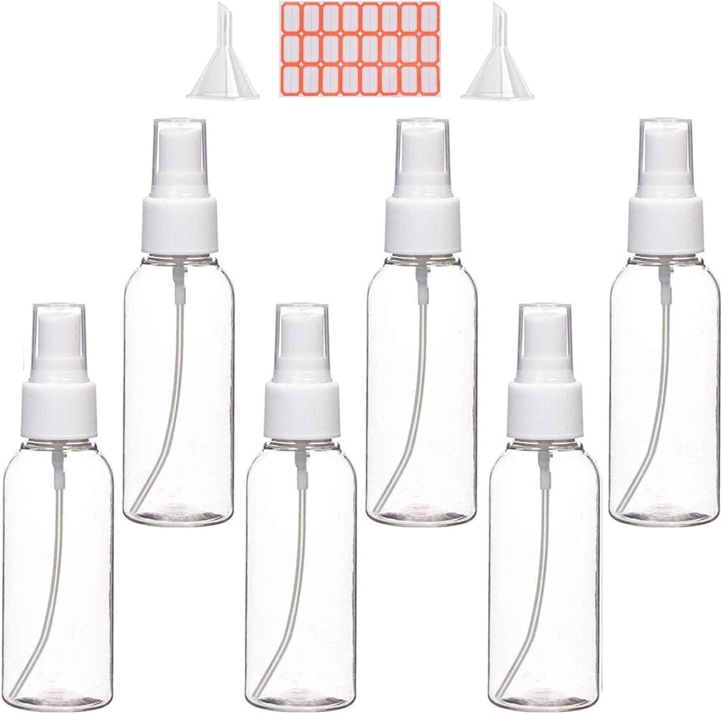 Spray Bottles, 50ml Clear Empty Fine Mist Plastic Travel Atomiser Bottle Set, Small Refillable Liquid Containers with 2pcs Funnels and 24pcs Labels for Make-up Cosmetic Hair （6PCS）