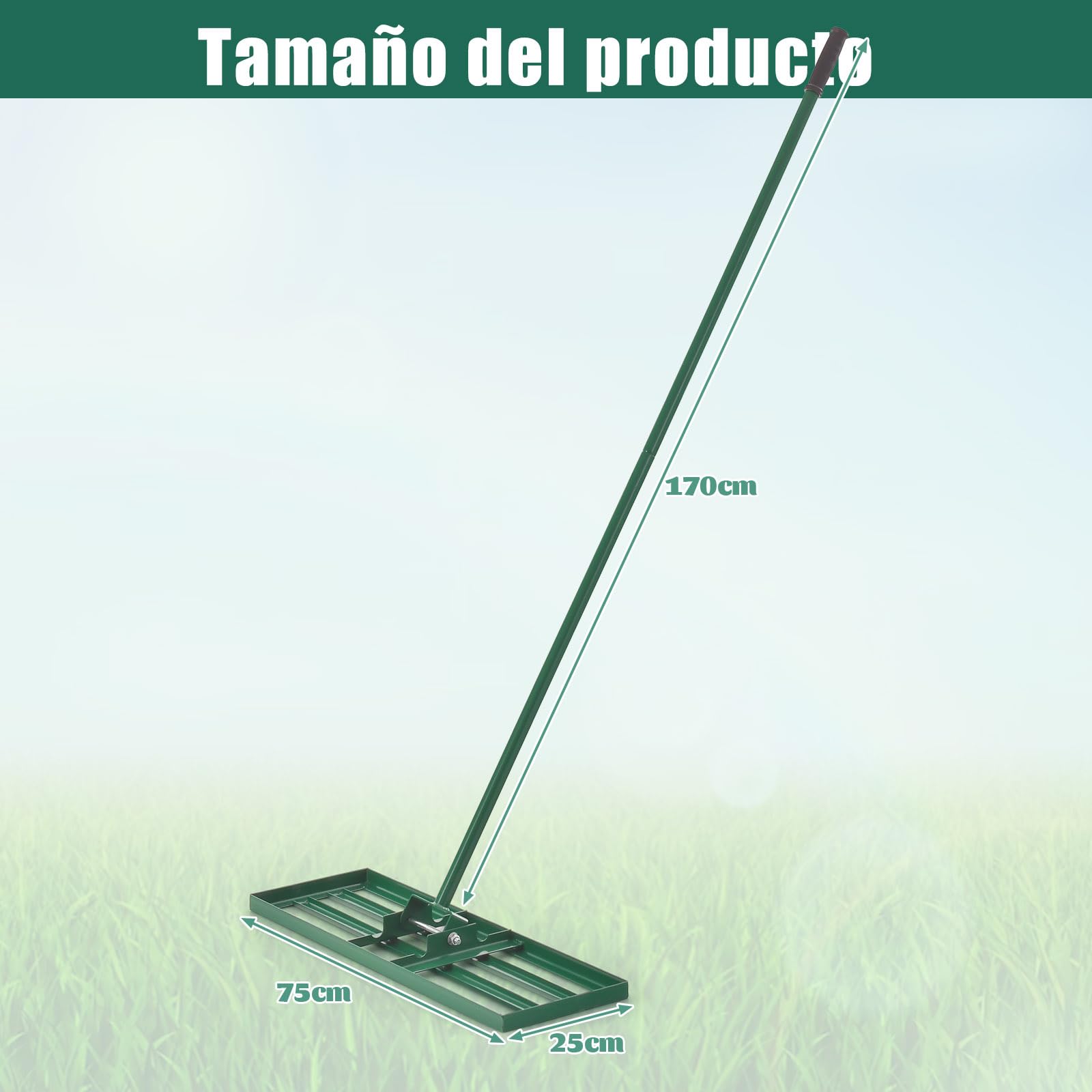 SOARS Rastrillo de Nivelación de Césped, Rastrillo Nivelador de Césped con Mango ergonómico de 170 cm, Rastrillo Jardí de Metal, idóneo para el Cuidado del Césped (75 x 25 cm)