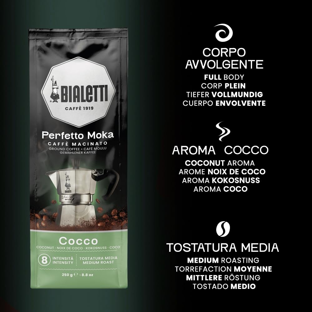 Bialetti Perfetto Moka Caffè Macinato, 1.5 Kg, Gusto Cocco - 6 x 250 g