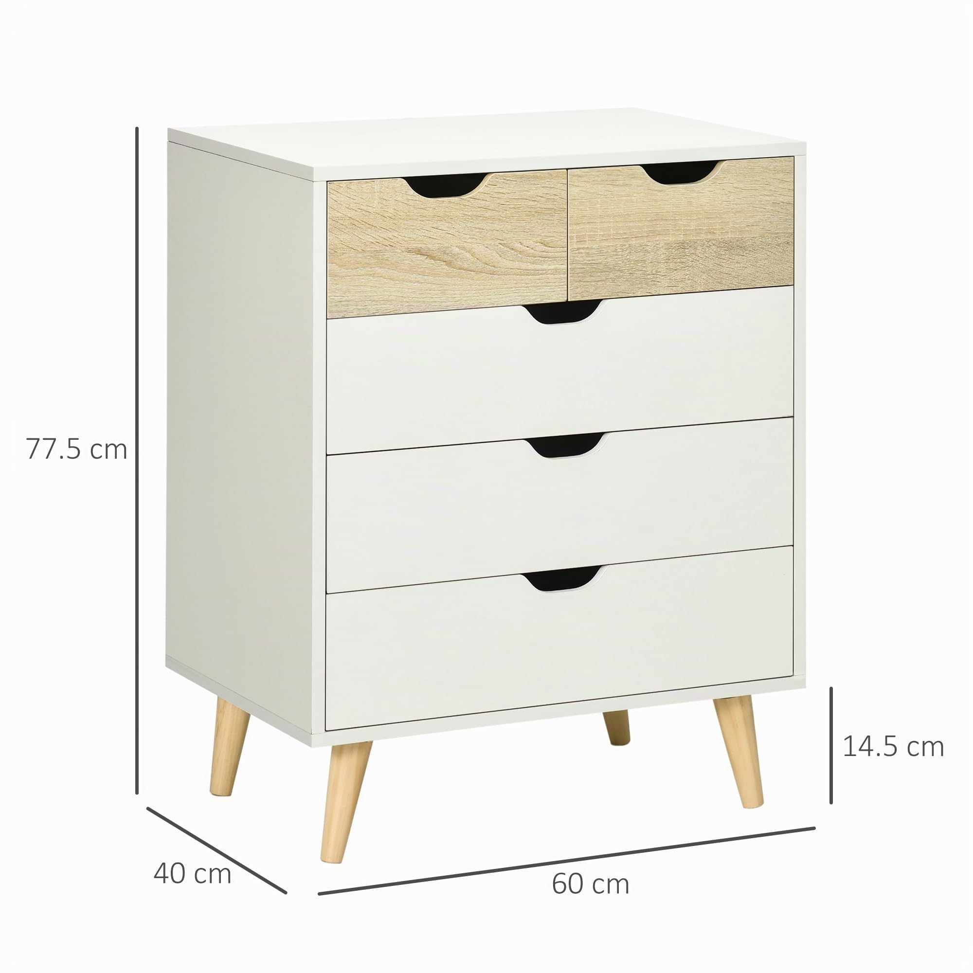 HOMCOM Cassettiera 5 Cassetti per Ingresso, 60x40x77.5cm, Bianco e Legno