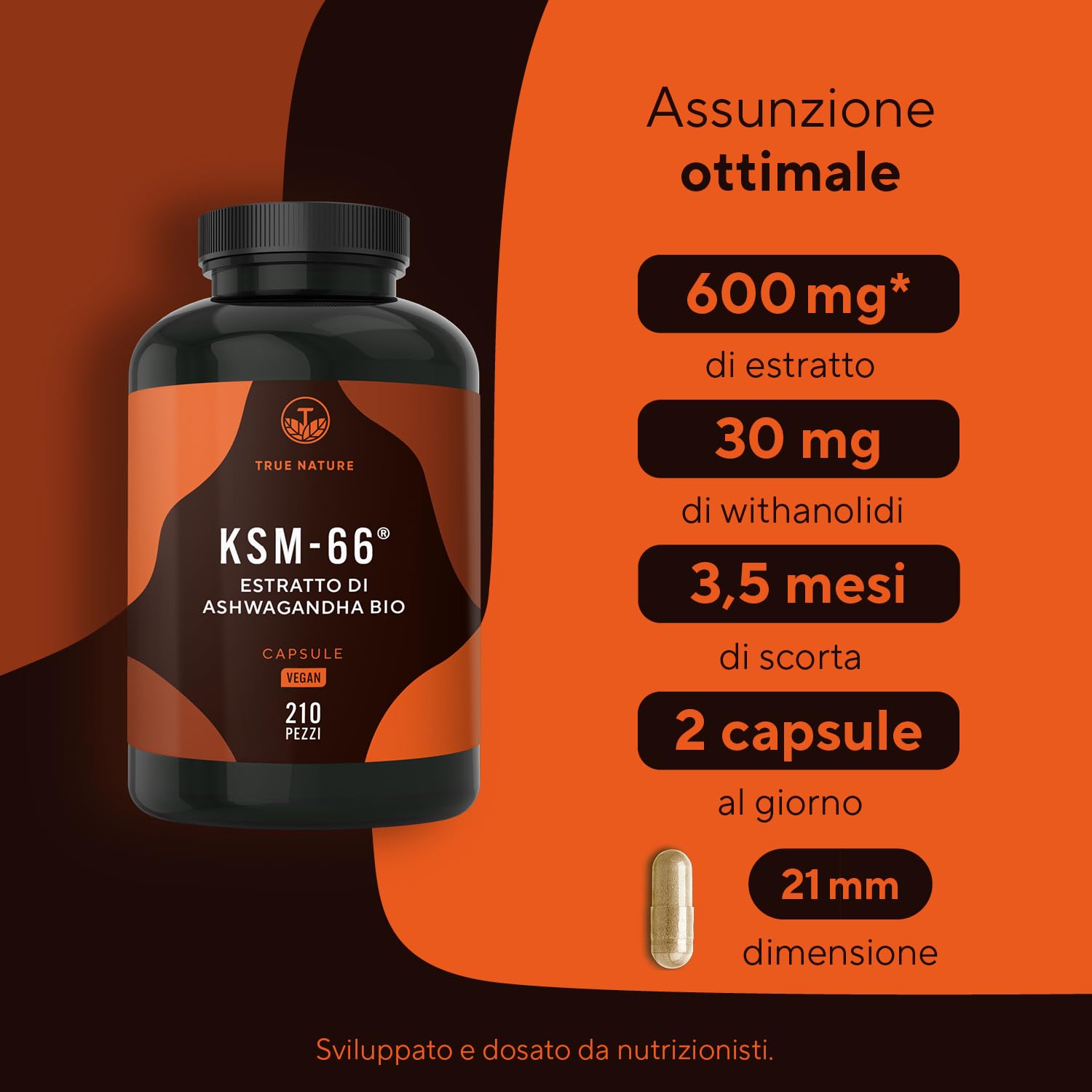 Bio Ashwagandha KSM-66® 210 Capsule - Alto Dosaggio di 600 mg al giorno (Withania Somnifera) - vegano, Bio India, testato in Laboratorio, produzione Tedesca - TRUE NATURE