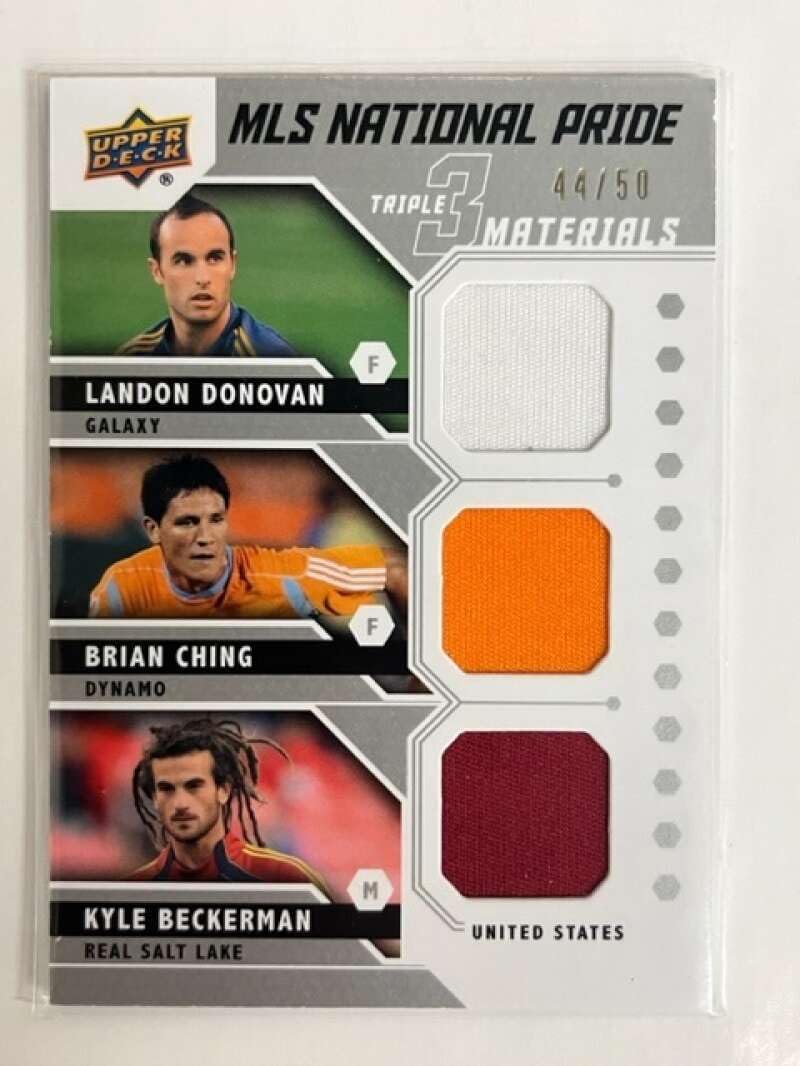 2011 Upper Deck MLS MLS National Pride Triple Materials #NPM-DCB Landon Donovan/Brian Ching/Kyle Beckerman Jersey/Relic SER/50 LA Galaxy/Houston Dynamo/Real Salt Lake Official Major League Soccer Card in Raw (NM or Better) Condition