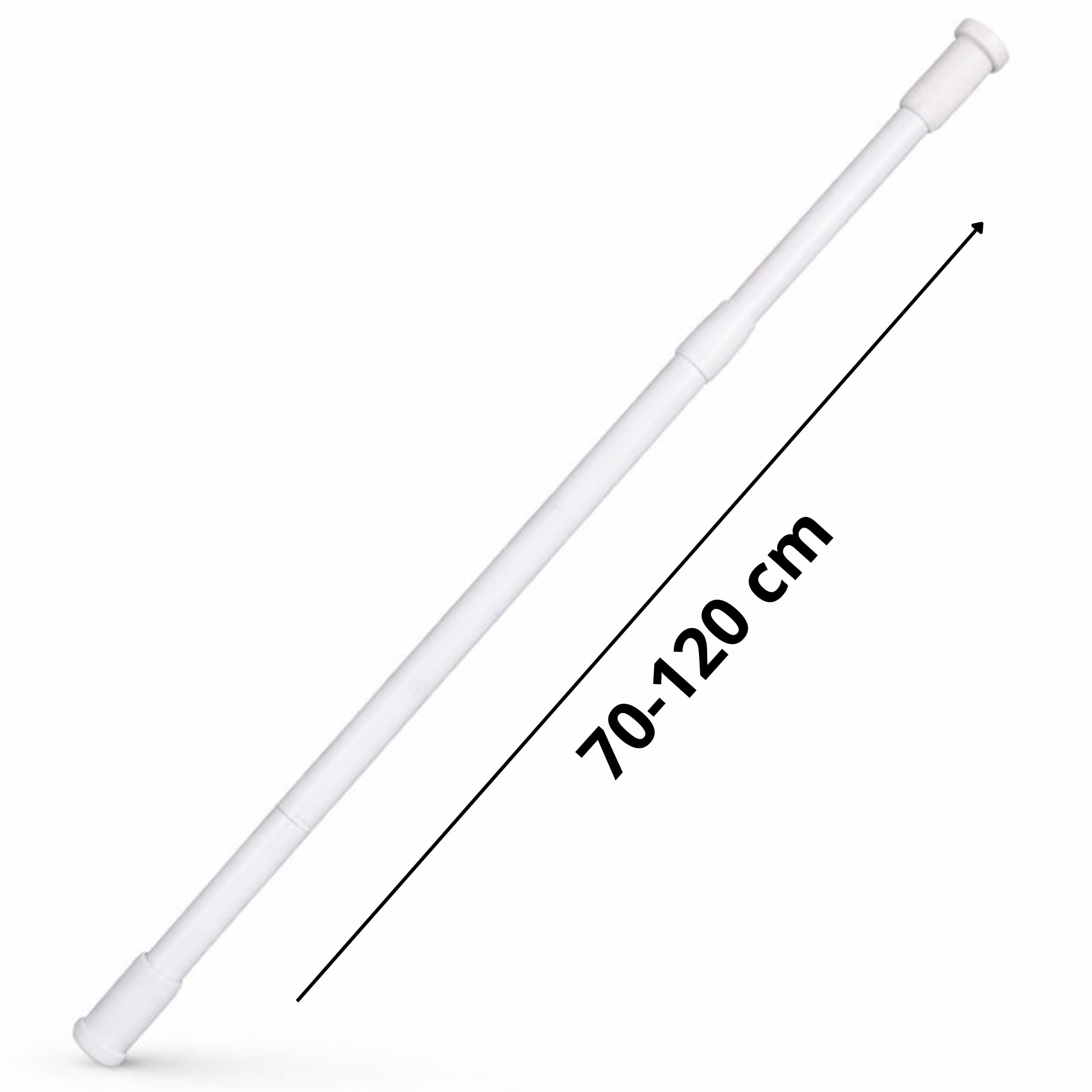 PARENCE – Varilla telescópica metálica de cortina de ducha blanca 70–120 cm – sin agujero – fijación de presión – Ø tubo 20 mm/Ø tapa final 32 mm