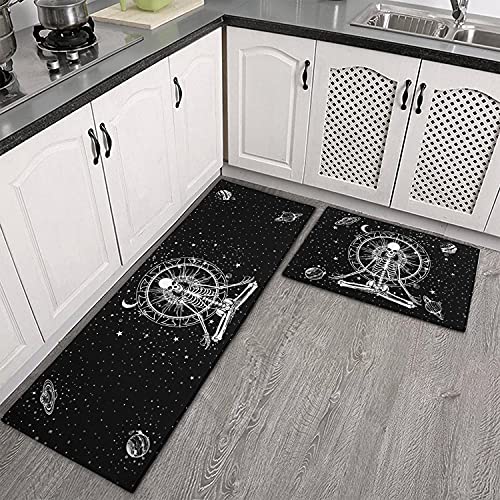 Fuoxowk Starry Skull Kitchen Mat Set, Halloween Decor Goth Kitchen Runner Rugs With Rubber Backing, Throw Rugs Washable For Kitchen Sink, Laundry Room, Standing Desk, Entry, Cool Black Area Rug #TOP1