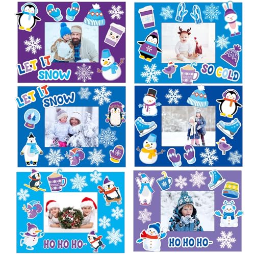 30 Packs Winter Craft Kits for Kids, Holiday DIY Picture Frame Craft Snowflake Penguin Polar Bear Art Party Favor Home Classroom Game Activities