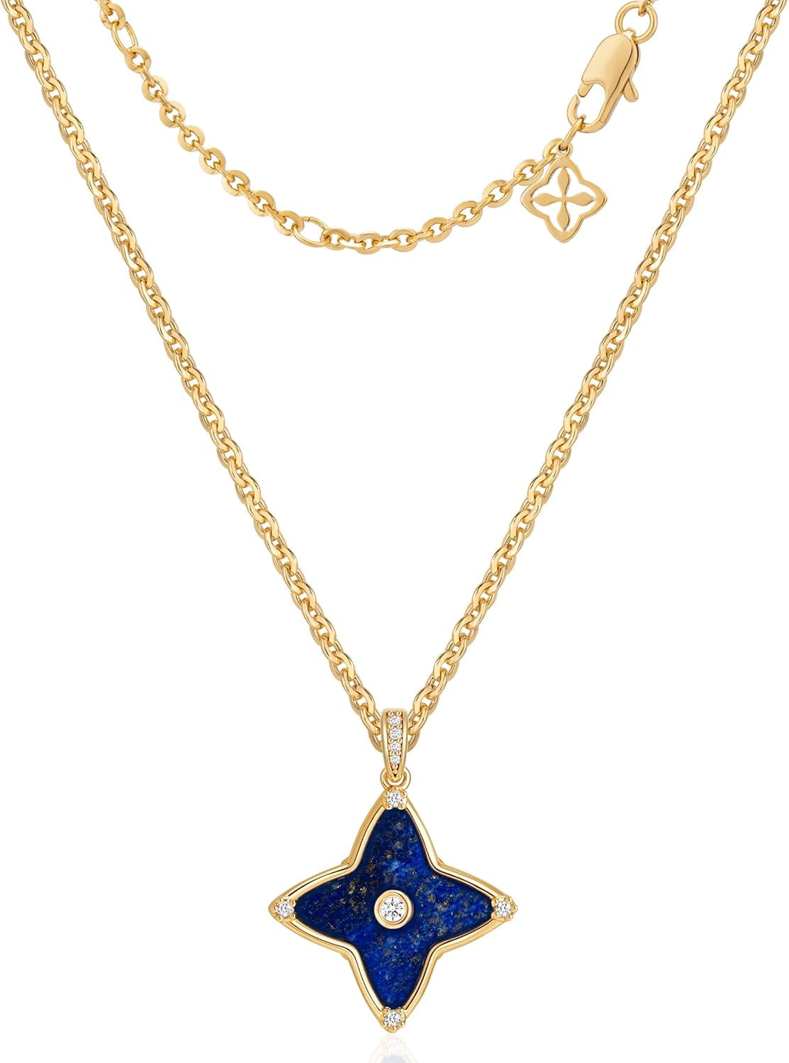 OSIANA Reversible Clover Necklace for Women 14K Gold Plated Natural Stone Four Leaf Starburst Pendant Necklaces Lucky Charm Jewelry