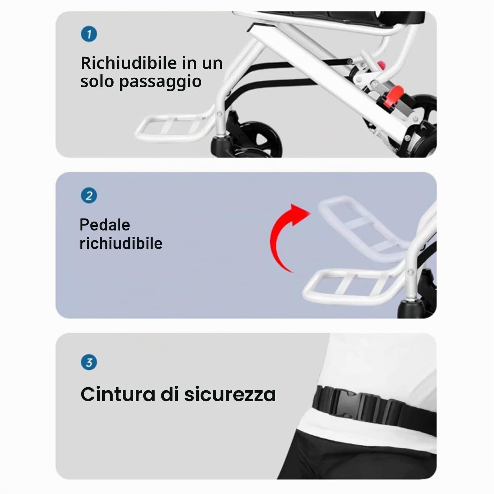 Sedia a rotelle portatile, leggera, da viaggio, pieghevole, compatta, con struttura in acciaio al carbonio, freno a mano integrato, ruote a 360 gradi per adulti e bambini