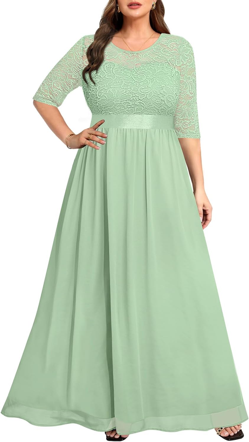 Plus Size Formal Dresses - Women Evening Gown Lace 3/4 Sleeve Wedding Bridesmaid Chiffon Maxi Long Dress