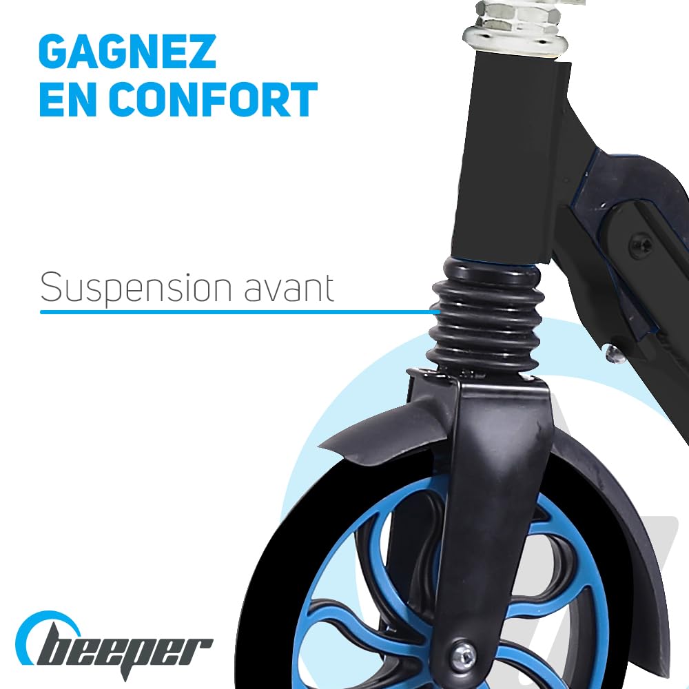 Beeper - Trottinette ado & Adulte Roues 8'' Suspension Avant City Scoot avec ou sans Frein Avant - sans Frein Avant, Couleur - Noir