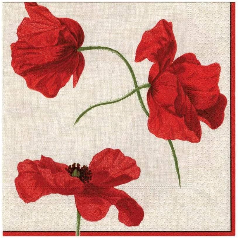 Caspari Dancing Poppies Paper Luncheon Napkins, Pack of 20, Ivory