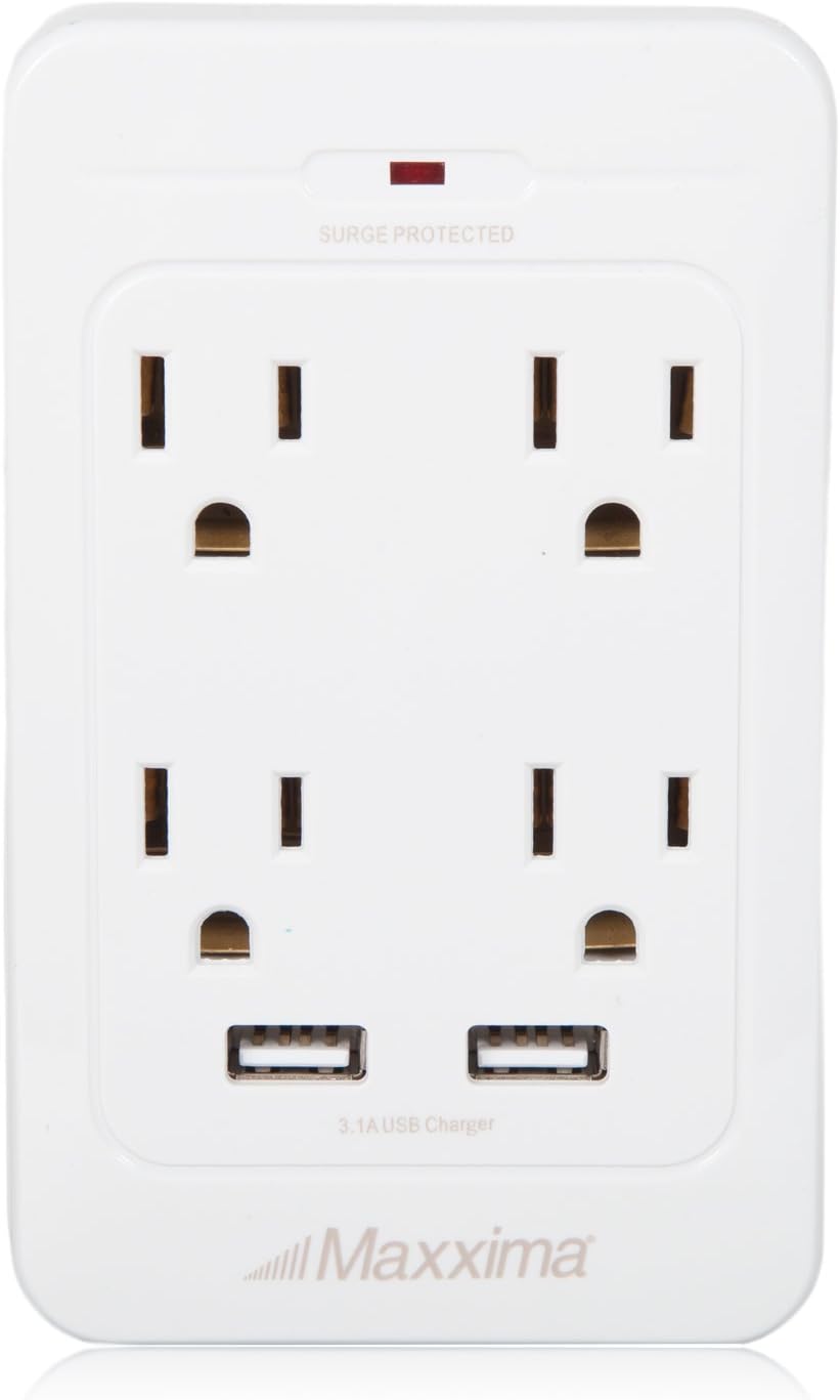Maxxima 4 Outlet Dual USB Adaptor Plug Grounded 3.1A Port 800 Joules Surge Protector