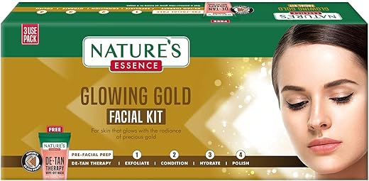 NATURES ESSENCE Glowing Gold Facial Kit With Free Facewash | For 3 Uses | Bright & Glowing Skin | Parlour Wala Asli Glow In 30 Minutes | 75g +25g free