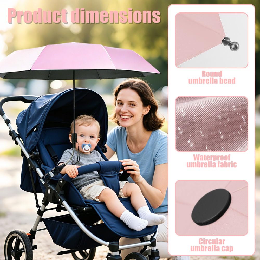Universal Sonnenschirm für Kinderwagen UV Schut, UPF 50+ Sonnenschutz Regenschirm mit 360° Flexibler Universalhalterung, 96 cm Kinderwagen Regenschirm für Kinderwagen und Buggy, Rosa