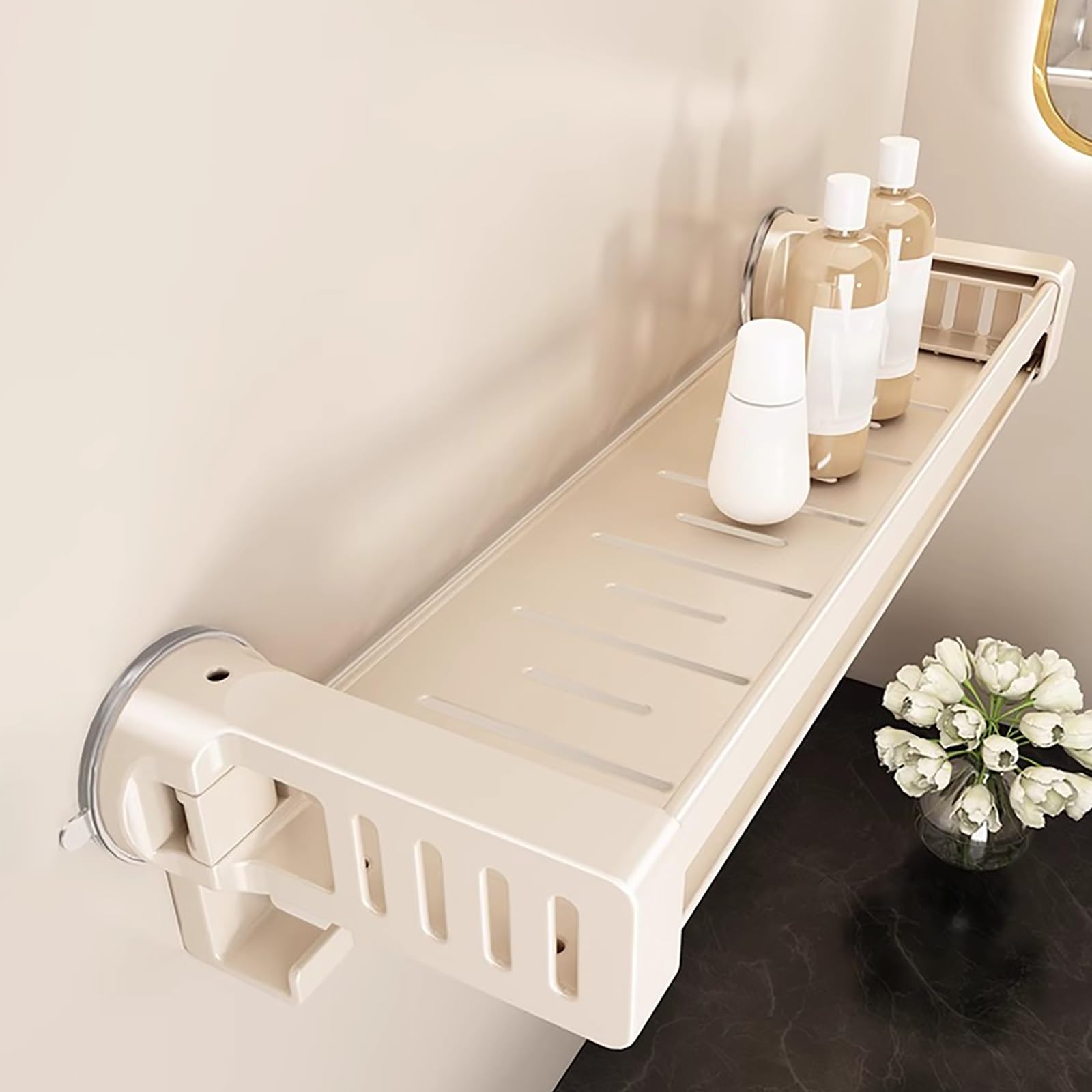 HTLTGBAM Vacuum Shower Caddy Suction Cup White Anti-Rust Storage Rack with Drainage Design High Load Capacity 30cm 11