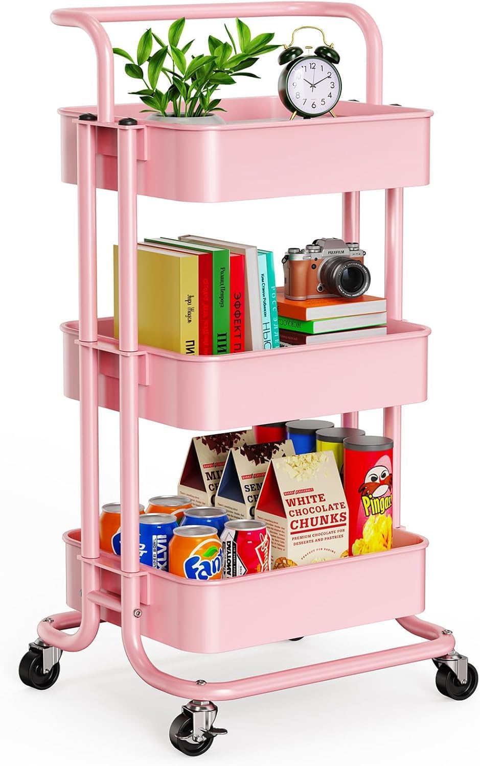 Pipishell Metal 3 Tier Rolling Cart with Handle &amp; 2 Lockable Wheels, Pink