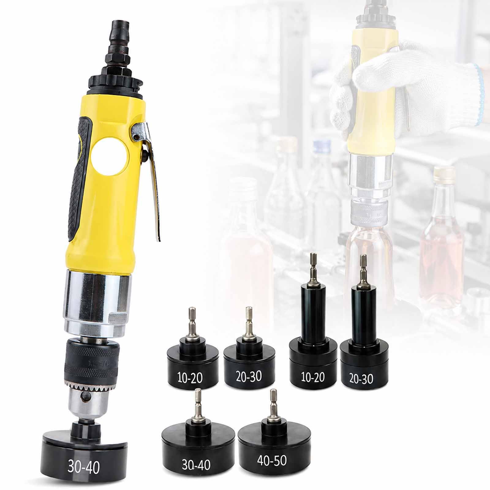 MObyat Portable Pneumatic Capping Machine, 2500 RPM Handheld Pneumatic Bottle Capper, 6 Capping Heads, Drilling Hole Can Hold a 3/8 Drill Chuck, for 10-50mm Flat Plastic Caps