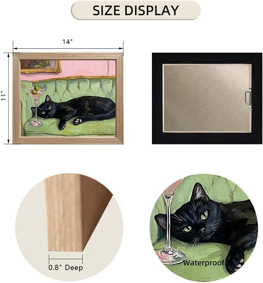 Black Cat Wall Art With Martini Framed Fun Cat Couch Print Poster Whimsical Animal Bar Cart Decor Funny Aesthetic Home Bedroom Decor