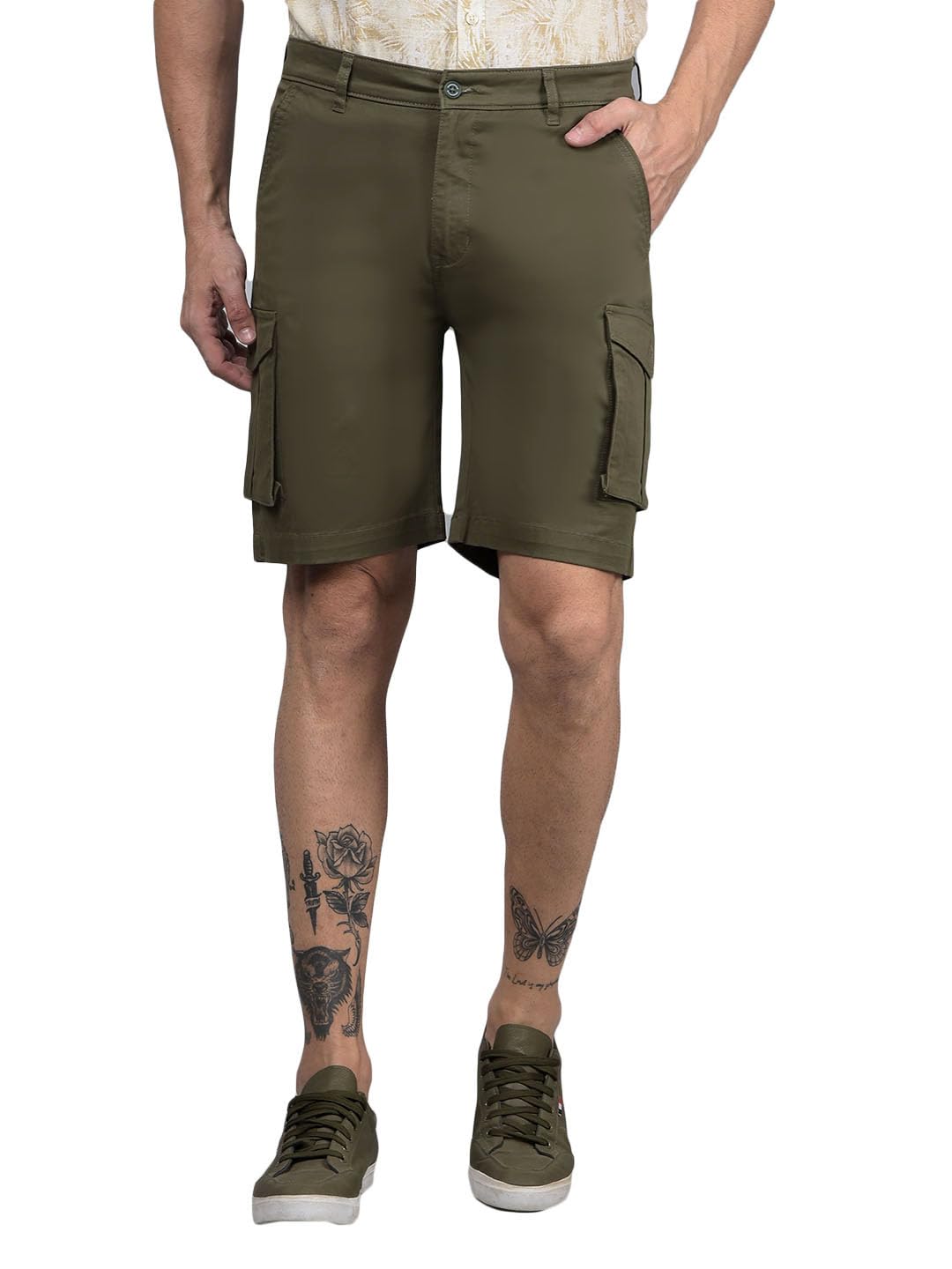 Men's Green Cotton Cargo Shorts-image-37