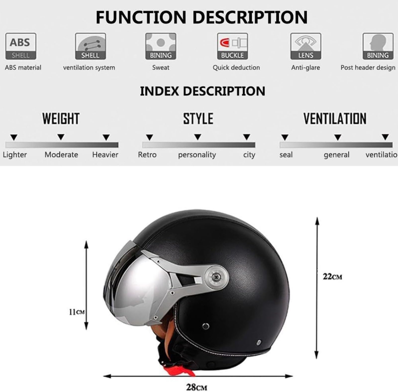 Casco Abierto Motocicleta Retro, Dot/ECE Homologado Moto Cuero Medio Casco Casco Moto Jet Casco Moto Abierto Scooter para Mujer Hombre Adultos