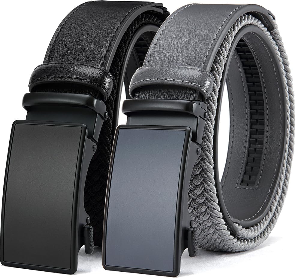 Men's Elastic Leather Ratchet Belt, Braided Stretch Belt, casual Fabric Belt, Design Width 1 3/8" for golf pants jeans