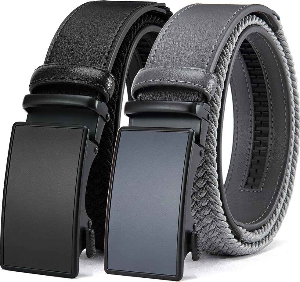 Men's Elastic Leather Ratchet Belt, Braided Stretch Belt, casual Fabric Belt, Design Width 1 3/8