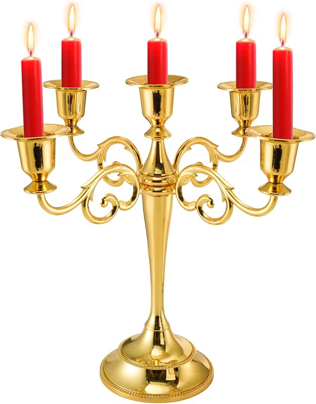 5 Arm Gold Candelabra, Candelabra Candle Holder, 10 Inch Tall Candlesticks Holder, Elegant Taper Candle Holder Centerpiece for Wedding, Church, Halloween, Dining, Home Decor