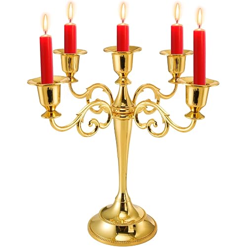 YOUEON 5 Arm Gold Candelabra, Candelabra Candle Holder, 10 Inch Tall Candlesticks Holder, Elegant Taper Candle Holder Centerpiece for Wedding, Church, Halloween, Dining, Home Decor