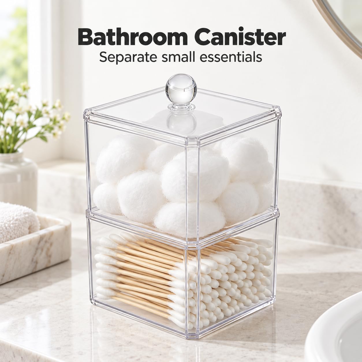 Bathroom Canister, Clear Plastic Lid, Double Layer, Stackable