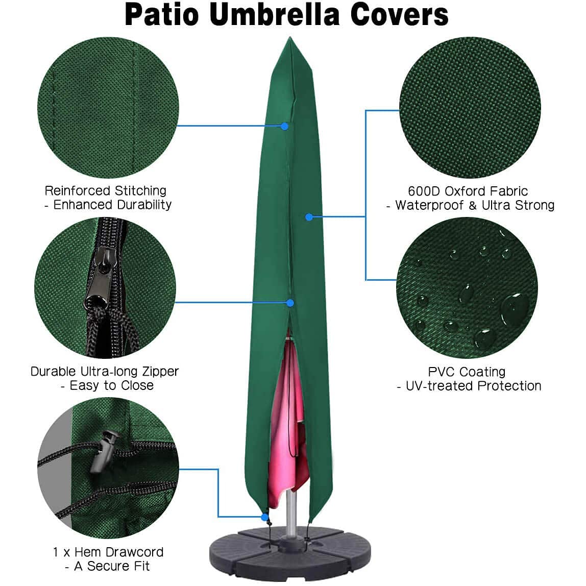 Copertura Protettiva Per Ombrellone In Tessuto Oxford Impermeabile, Con Cerniera E Cordoncino Regolabile, Dimensioni 190x50x30 Cm, Colore Nero - 5