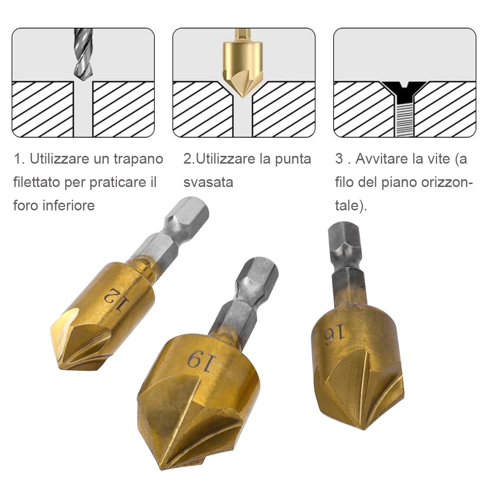 6 Pezzi 82° Svasatore Conico in HSS Titanio Rivestito, Svasatore Conico in HSS Titanio Rivestito con Codolo Esagonale con Alesatore per Fori 6-19 mm