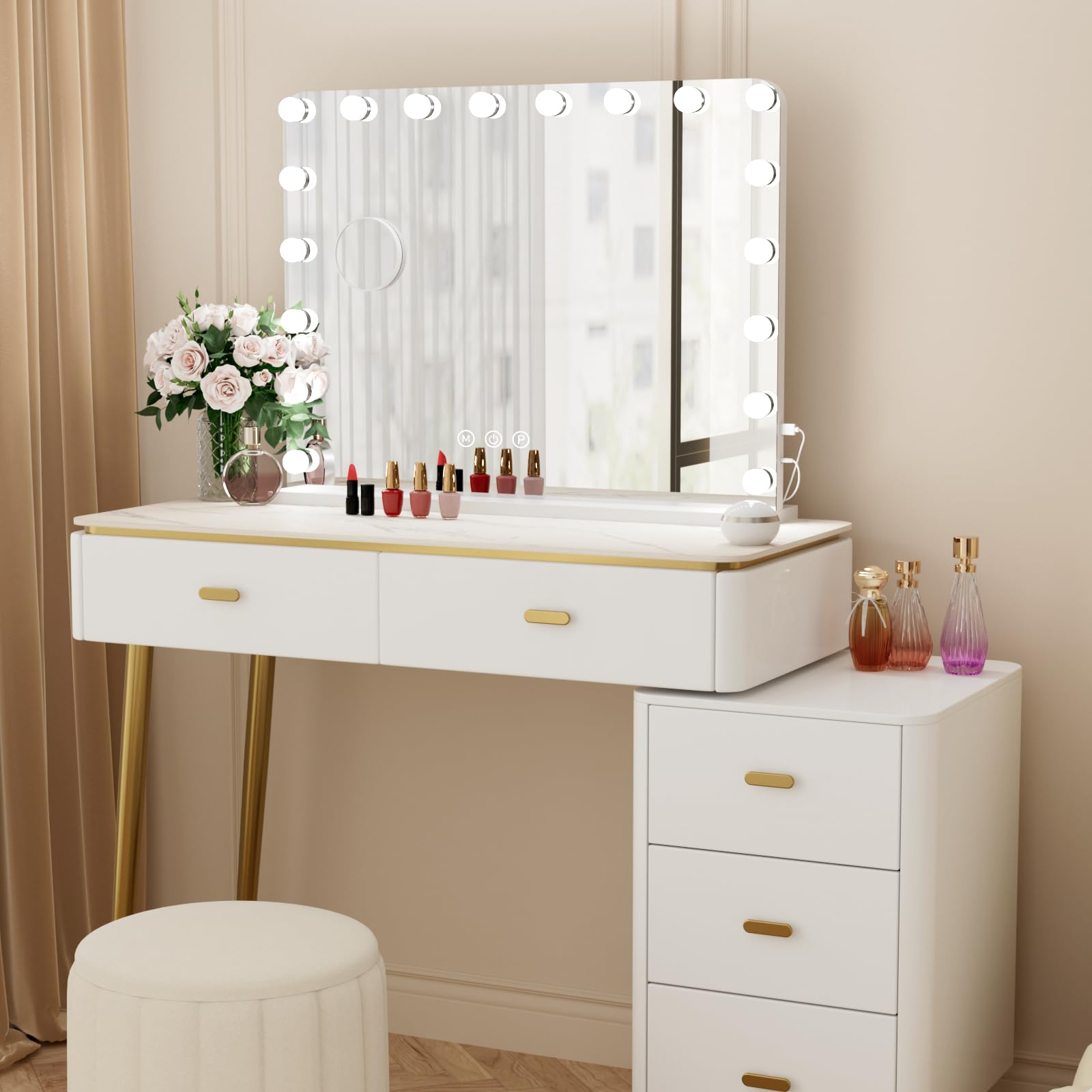 VOWNER Hollywood Miroir de Maquillage avec éclairage, 18 LED à intensité Variable, avec 3 Couleurs de lumière, Touch Control Vanity, avec USB et loupe 10x, pour Chambre à Coucher, Coiffeuse,80x60 cm