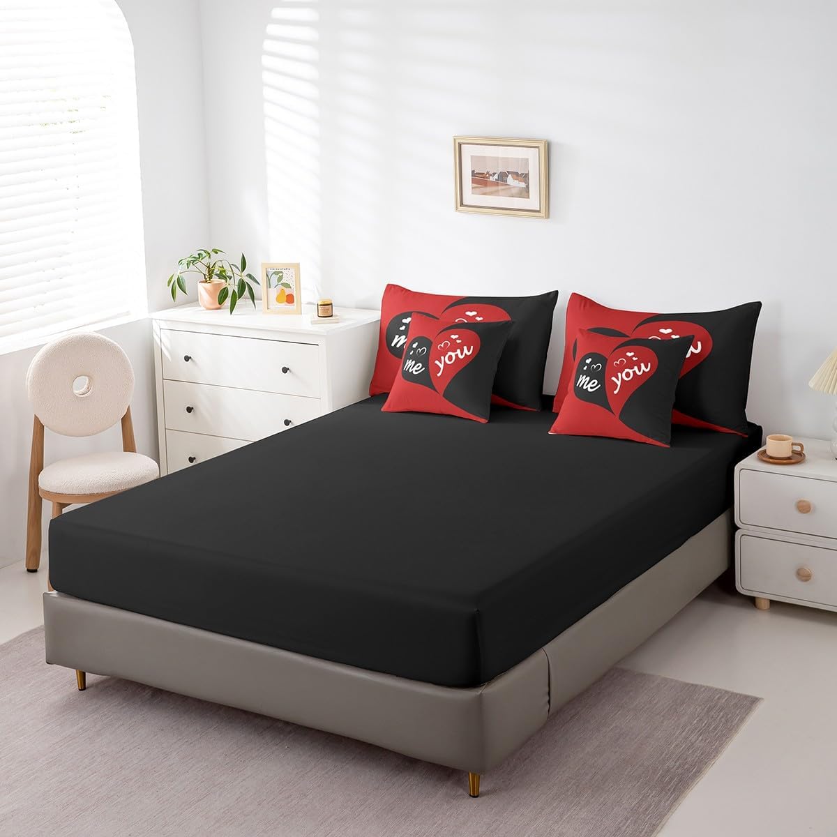 Erosebridal You and Me Bed in a Bag King Size Comforter Set 7 Pieces,Red and Black Love Heart Bedding Set,Romantic Wedding Sheet Set Valentines Day Decorations,Couple Gifts for Him and Her